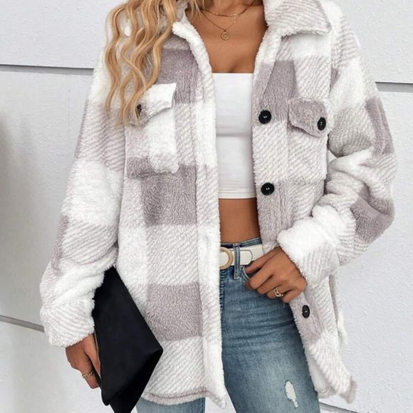 ❤️SALE Women’s Buffalo Plaid Jacket Super Soft Teddy Jacket Women’s Shacket Coat - Picture 3 of 5
